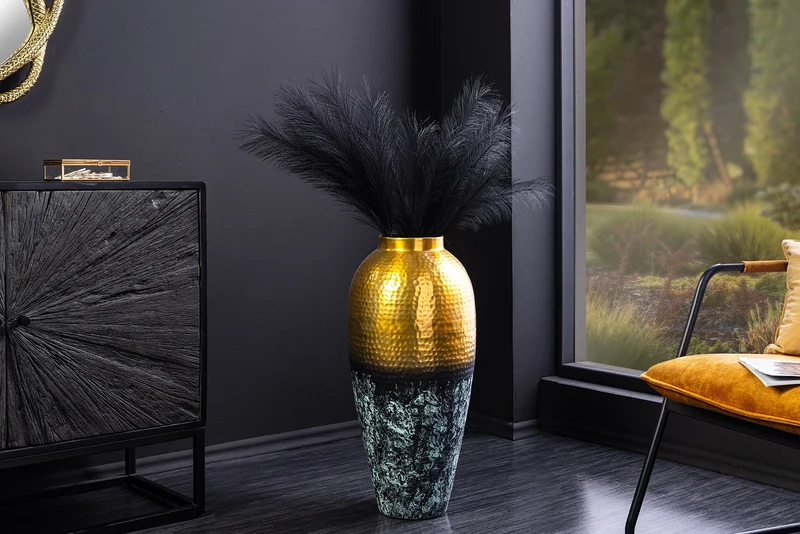 Vase décoratif artisanal ORIENT XL 75cm métal doré avec design patiné martelé