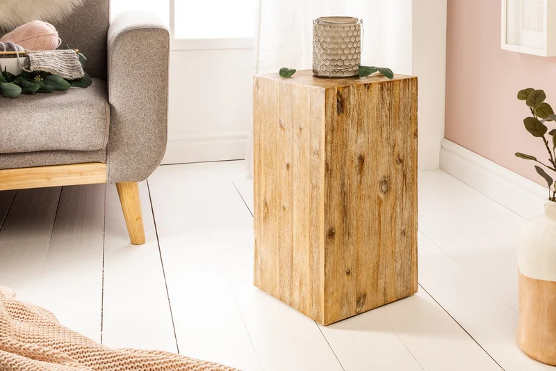 Colonne décorative en bois massif COLUMNA 50cm acacia teck gris cérusé table d’appoint