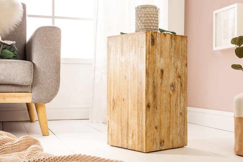Colonne décorative en bois massif COLUMNA 50cm acacia teck gris cérusé table d’appoint