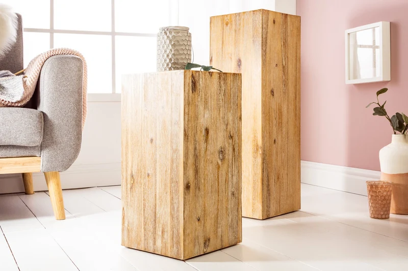 Colonne décorative en bois massif COLUMNA 50cm acacia teck gris cérusé table d’appoint