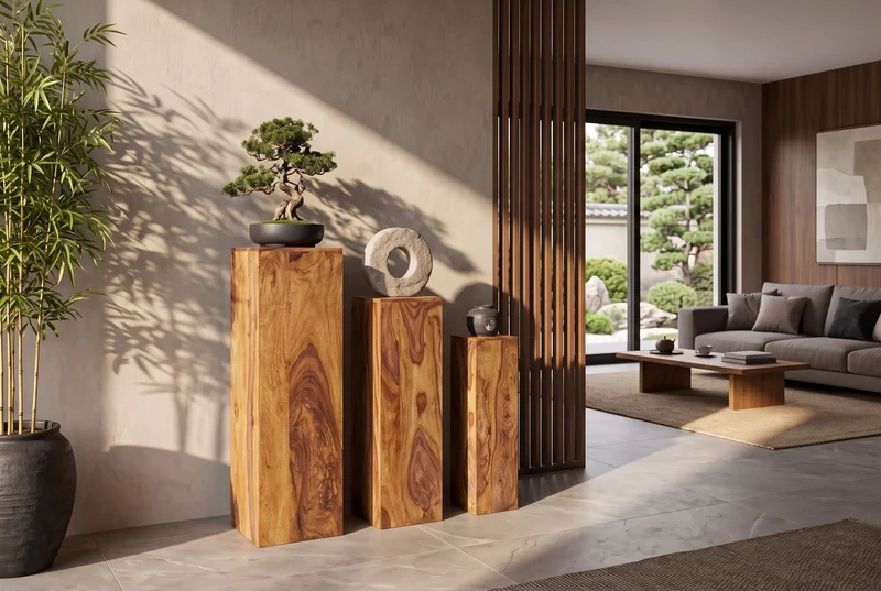 Lot de 3 colonnes décoratives design MAKASSAR 80cm finition pierre Sheesham marron fait main