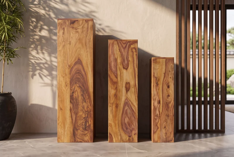 Lot de 3 colonnes décoratives design MAKASSAR 80cm finition pierre Sheesham marron fait main