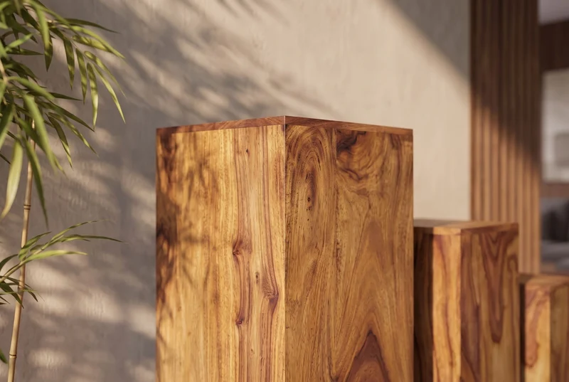 Lot de 3 colonnes décoratives design MAKASSAR 80cm finition pierre Sheesham marron fait main