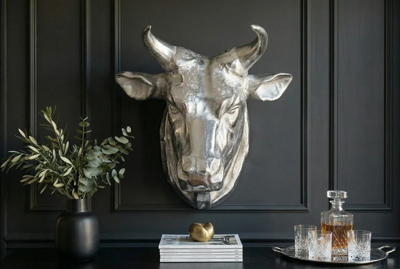Décoration murale tête de taureau extravagante TORERO 65cm crâne décoratif argenté