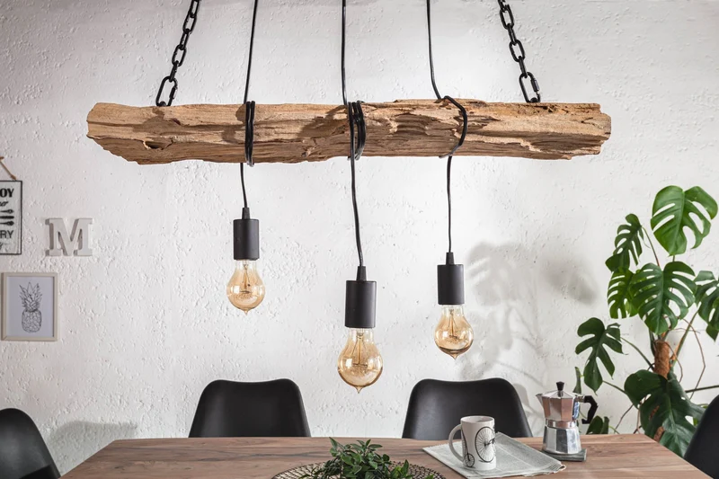 Lampe à suspension industrielle BARRACUDA 70cm en bois massif recyclé à 3 lumières