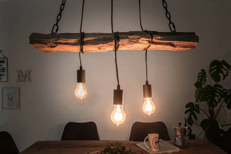 Lampe à suspension industrielle BARRACUDA 70cm en bois massif recyclé à 3 lumières
