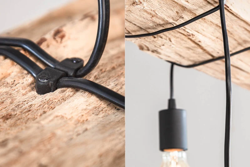 Lampe à suspension industrielle BARRACUDA 70cm en bois massif recyclé à 3 lumières