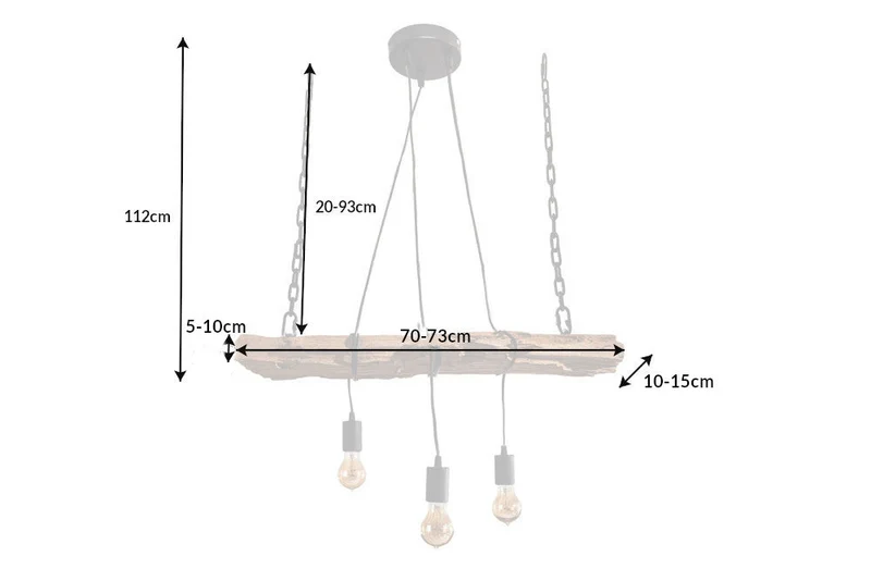 Lampe à suspension industrielle BARRACUDA 70cm en bois massif recyclé à 3 lumières