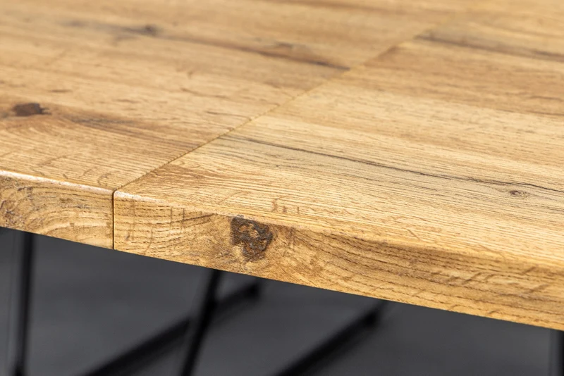 Table à manger extensible WILD 180-220 cm aspect chêne sauvage marron bord d'arbre noir