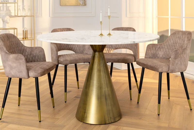 Table à manger ronde ELEGANCIA 100 cm en laiton, marbre blanc et fer avec base pilier