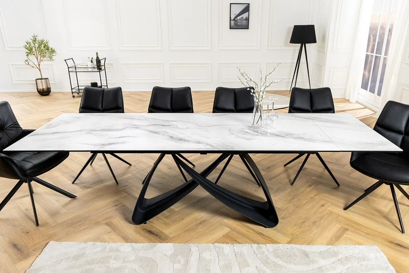 Table à manger extensible INFINITY 180-260cm céramique blanche marbre métal noir