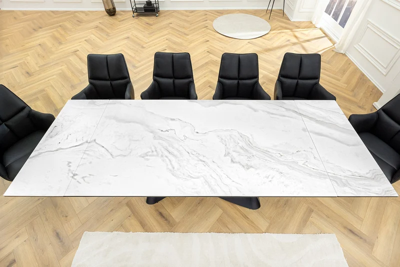 Table à manger extensible INFINITY 180-260cm céramique blanche marbre métal noir