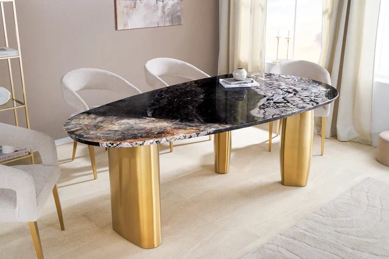 Table à manger design ORGANIC 200cm gris blanc marron pierre naturelle marbre métal brossé or