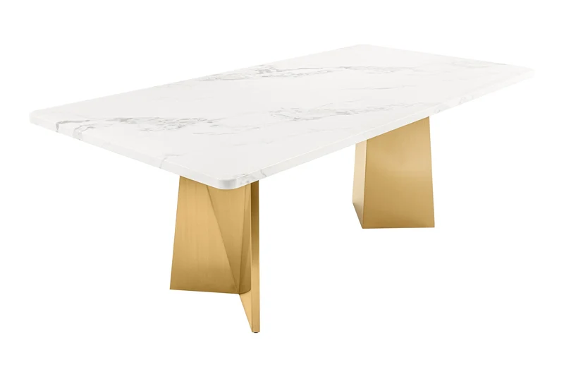Table à manger design EXTRAVAGANCIA 200cm marbre blanc métal brossé champagne or