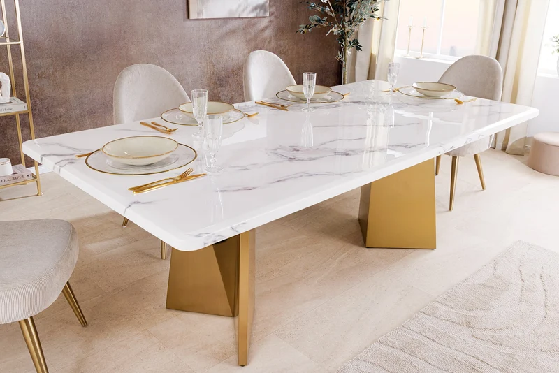 Table à manger design EXTRAVAGANCIA 200cm marbre blanc métal brossé champagne or