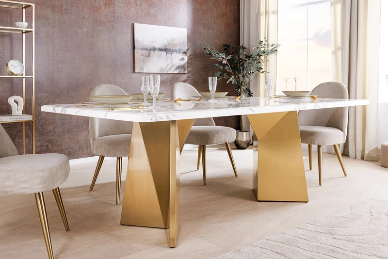 Table à manger design EXTRAVAGANCIA 200cm marbre blanc métal brossé champagne or