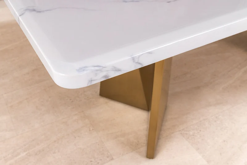 Table à manger design EXTRAVAGANCIA 200cm marbre blanc métal brossé champagne or