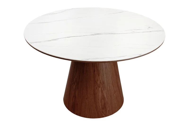 Table à manger ronde UNIQUE 120cm blanc marron noyer bois céramique marbre base pilier