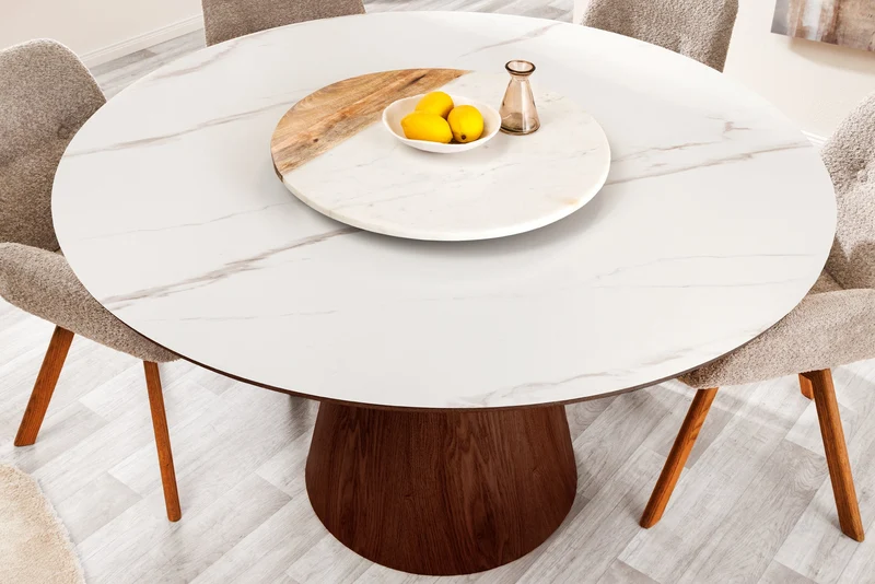 Table à manger ronde UNIQUE 120cm blanc marron noyer bois céramique marbre base pilier