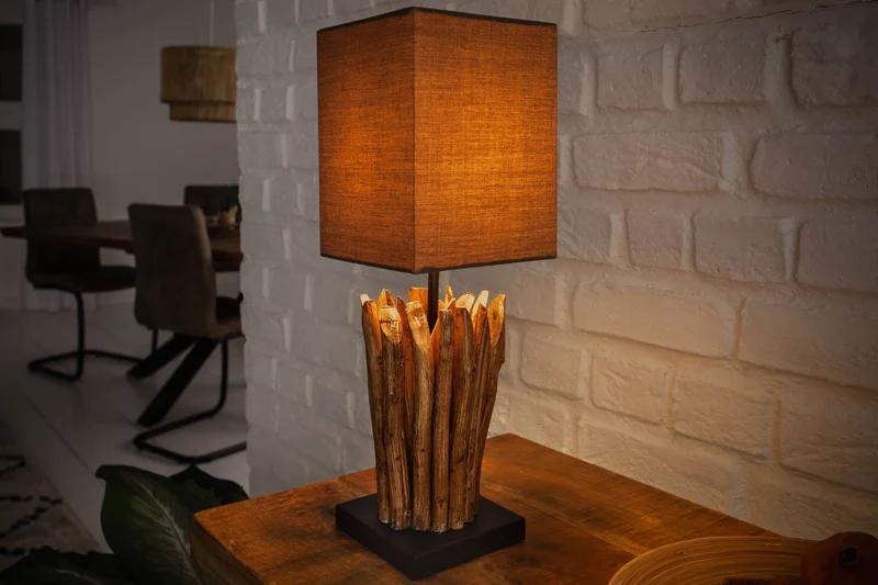 Lot de 2x Lampe de table en bois flotté faite à la main EUPHORIA 45cm brun avec abat-jour en lin
