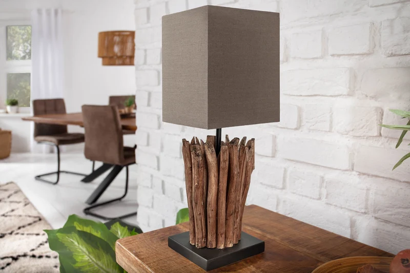 Lot de 2x Lampe de table en bois flotté faite à la main EUPHORIA 45cm brun avec abat-jour en lin