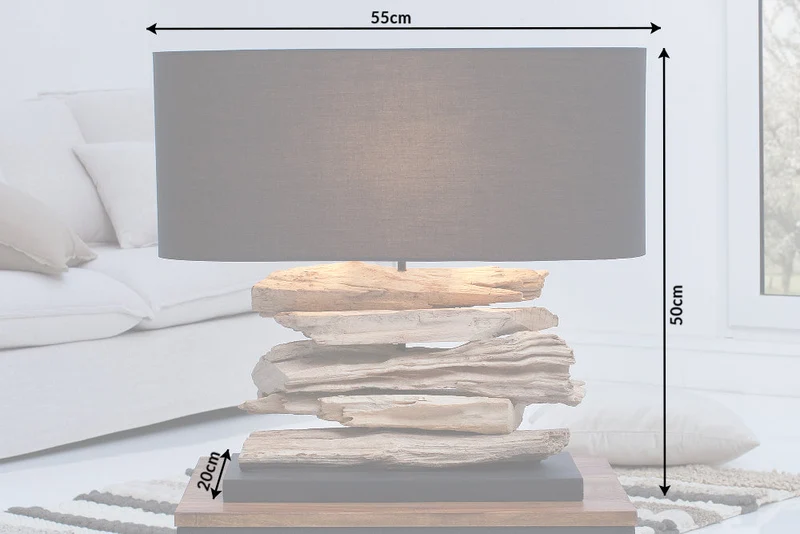 Lampe en bois flotté faite à la main RIVERINE 55cm noir abat-jour en lin lampe de table