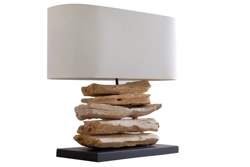Lampe artisanale en bois flotté RIVERINE 55 cm crème abat-jour en lin de table