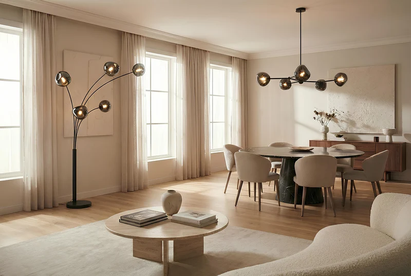 Design suspension LIQUID DIAMOND 100cm smoke noir verre cinq abats-jours luminaire sphérique