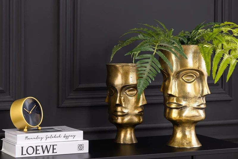 Ensemble fait main de 2 vases FACE 40 cm laiton antique métal pots de fleurs