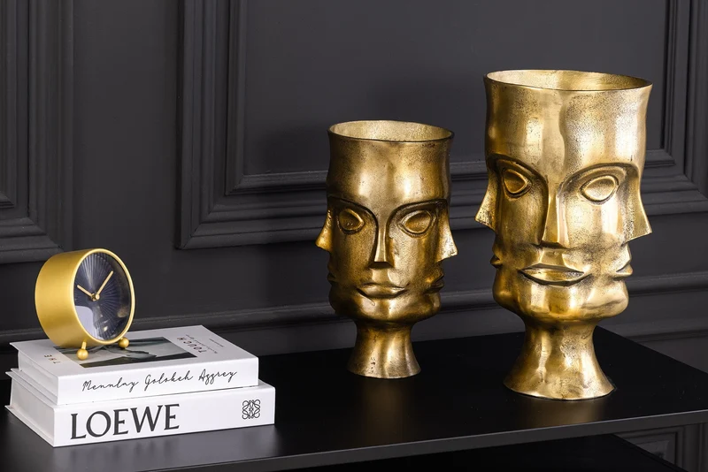 Ensemble fait main de 2 vases FACE 40 cm laiton antique métal pots de fleurs