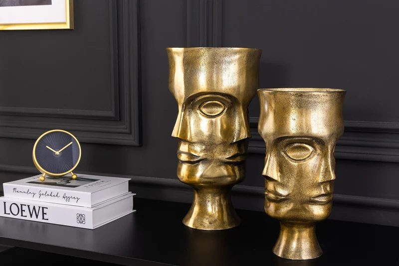 Ensemble fait main de 2 vases FACE 40 cm laiton antique métal pots de fleurs