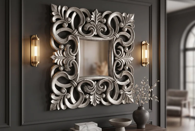 Élégant miroir mural VENICE 75x75cm argent style baroque antique