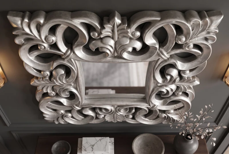 Élégant miroir mural VENICE 75x75cm argent style baroque antique