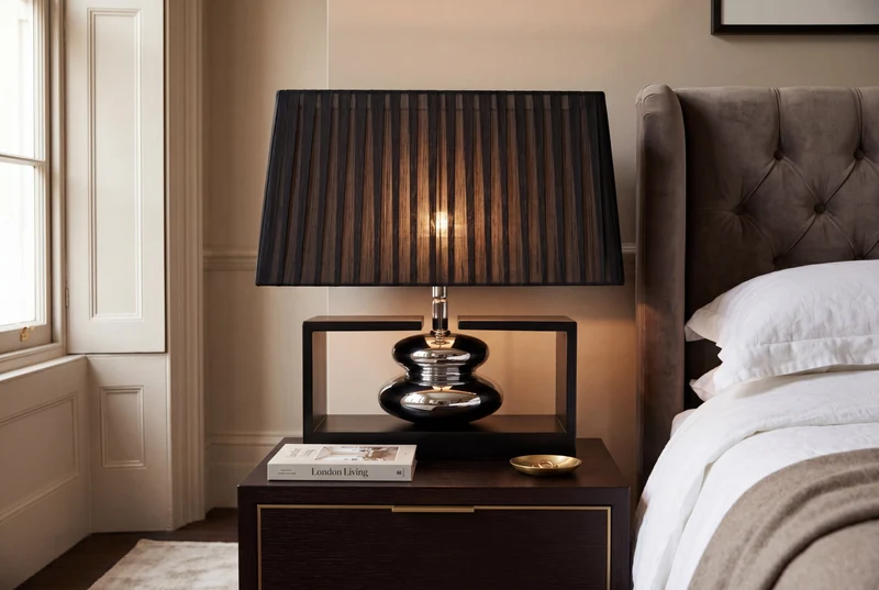 Lampe de table décorative GRACIA 35 cm noir argenté avec abat-jour en tissu inclinable pied en bois