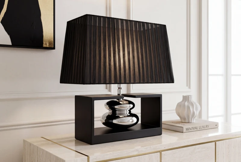 Lampe de table décorative GRACIA 35 cm noir argenté avec abat-jour en tissu inclinable pied en bois