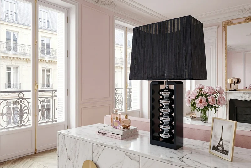 Lampe de table décorative GRACIA 55cm noir argenté avec abat-jour en tissu inclinable et pied en bois