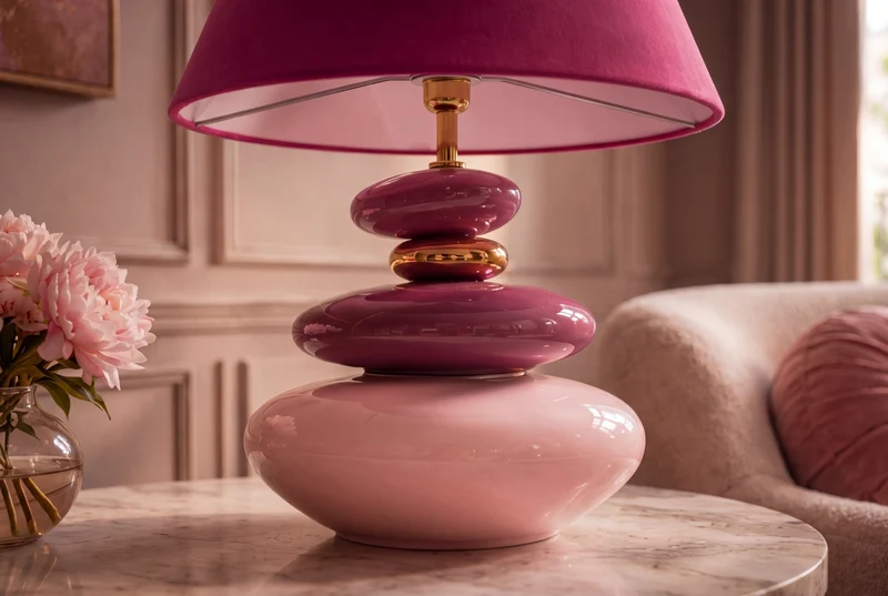 Lampe de table décorative STONES OF ECSTASY 60cm rose rose or avec abat-jour en tissu rond