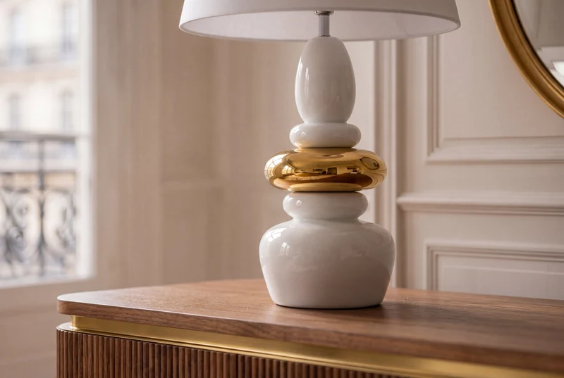 Lampe de table décorative STONES OF ZEN 70cm blanc or avec abat-jour en tissu rond