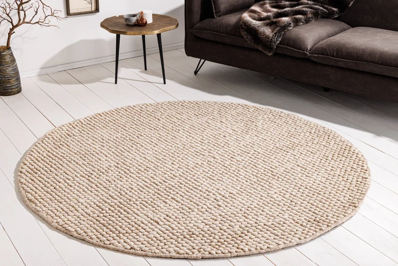 Tapis design LAINE 150cm beige rond en laine fait main