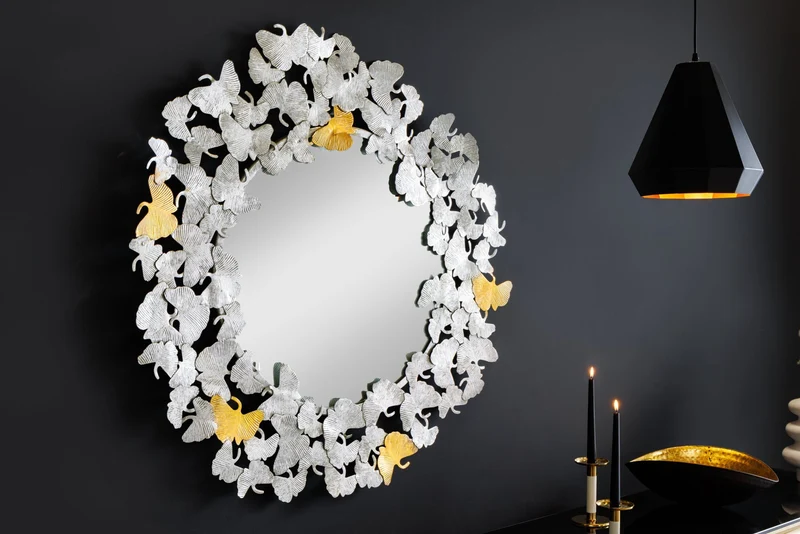 Miroir mural décoratif GINKGO LEAFS XL 90cm or argent rond métal fait main