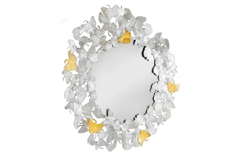 Miroir mural décoratif GINKGO LEAFS XL 90cm or argent rond métal fait main