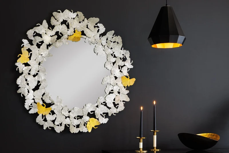 Miroir mural décoratif GINKGO LEAFS XL 90cm or argent rond métal fait main