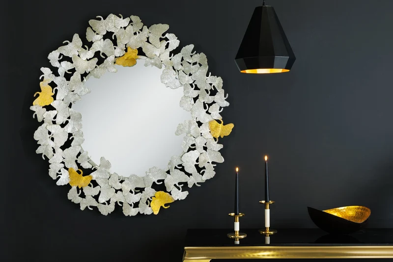 Miroir mural décoratif GINKGO LEAFS XL 90cm or argent rond métal fait main