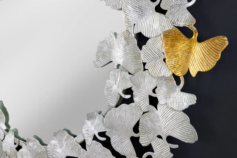 Miroir mural décoratif GINKGO LEAFS XL 90cm or argent rond métal fait main