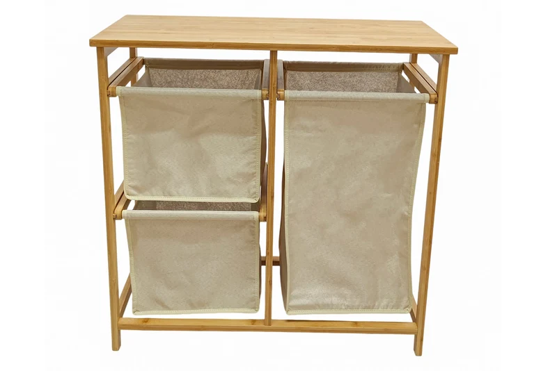 Panier à linge en bois massif LAGOON SPA 70cm naturel beige bambou trois sacs à linge lavables