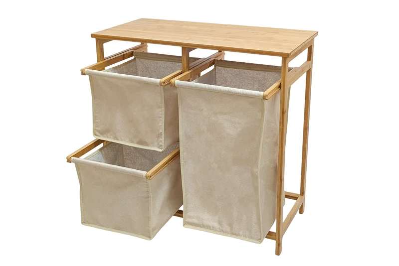 Panier à linge en bois massif LAGOON SPA 70cm naturel beige bambou trois sacs à linge lavables