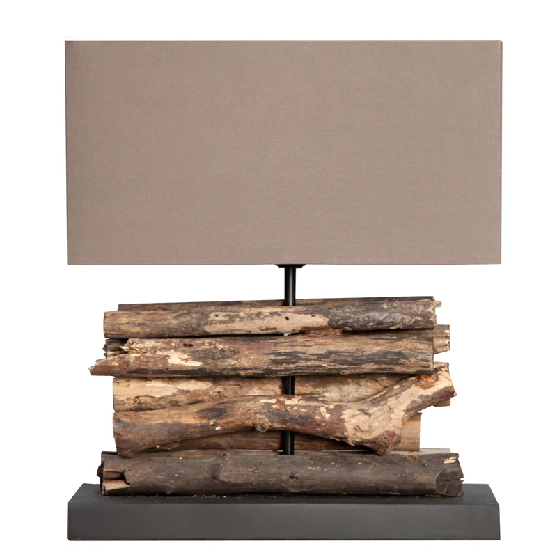Lampe de table faite main PERIFERE 40cm abat-jour lin bois flotté marron