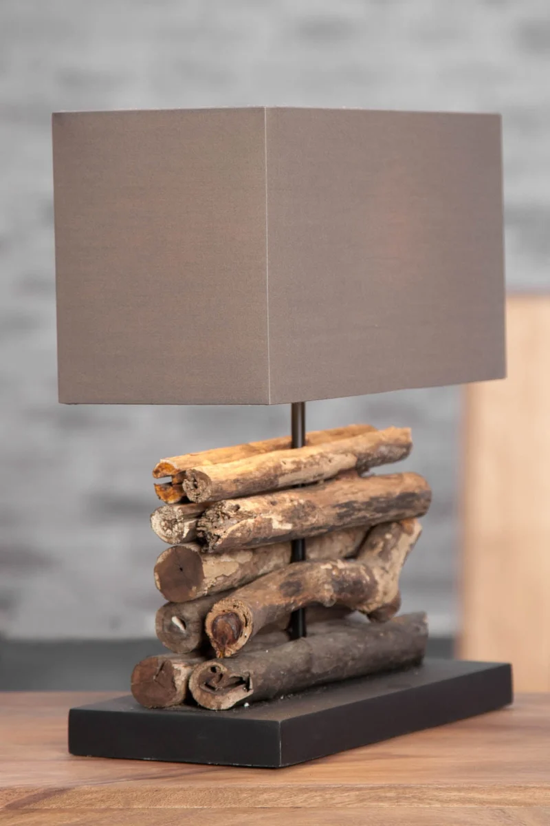 Lampe de table faite main PERIFERE 40cm abat-jour lin bois flotté marron