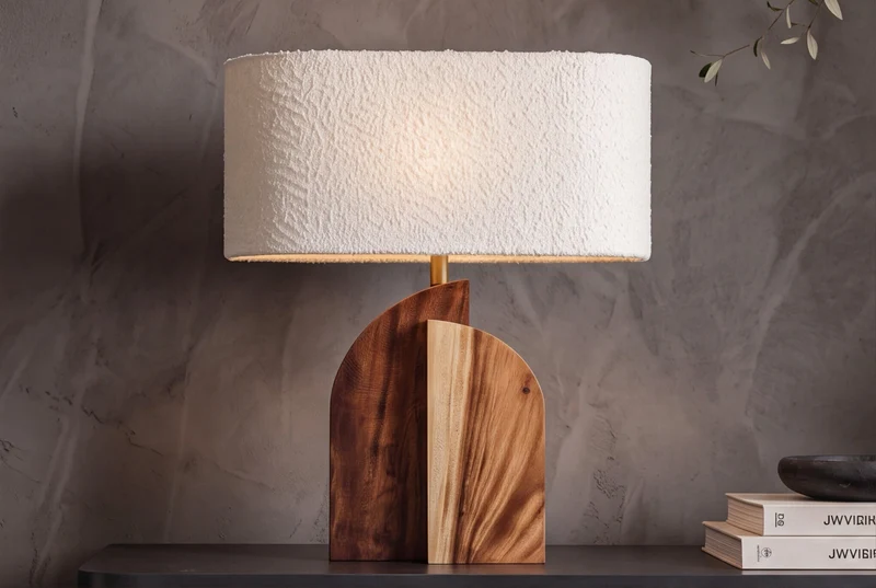 Lampe de table solide LOVERS 60cm bois d’arbre de pluie naturel abat-jour en tissu blanc