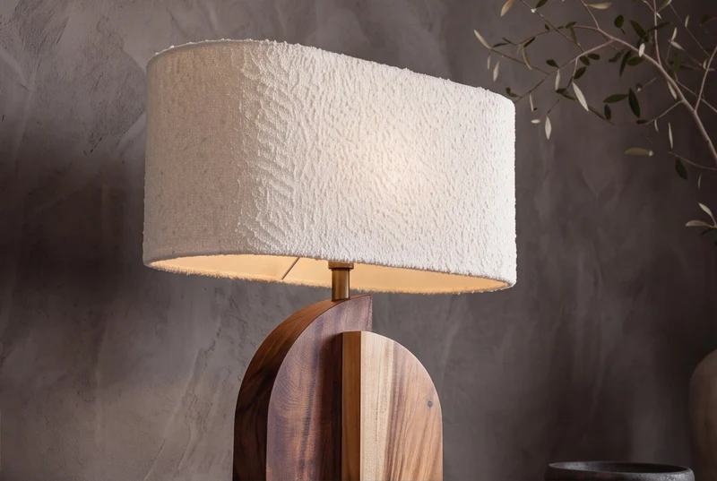 Lampe de table solide LOVERS 60cm bois d’arbre de pluie naturel abat-jour en tissu blanc